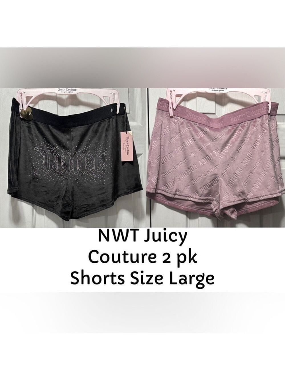 NWT Juicy Couture 2PK Shorts Lounge Velour Black Light Rose Size Large Brand NEW